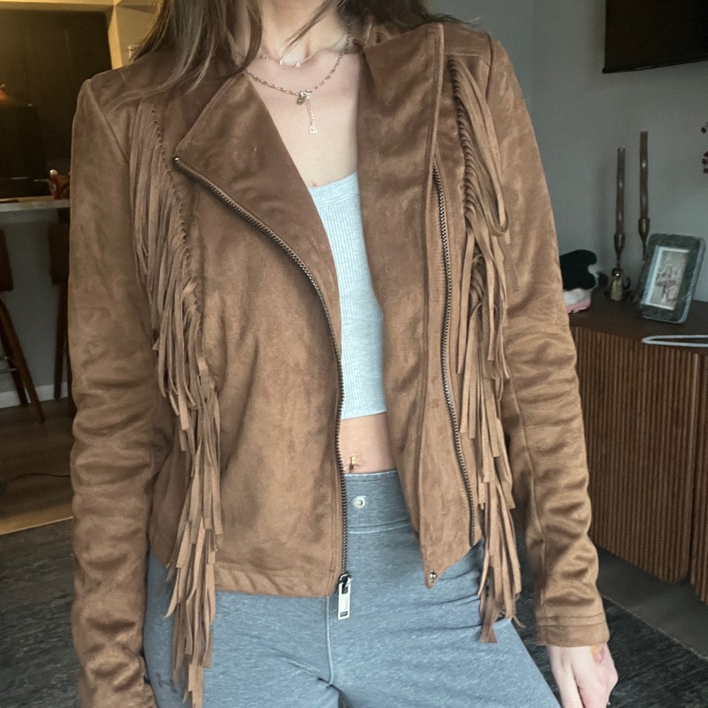 Black Rivet Tan Leather Jacket with Fringe - Picture 2 of 7